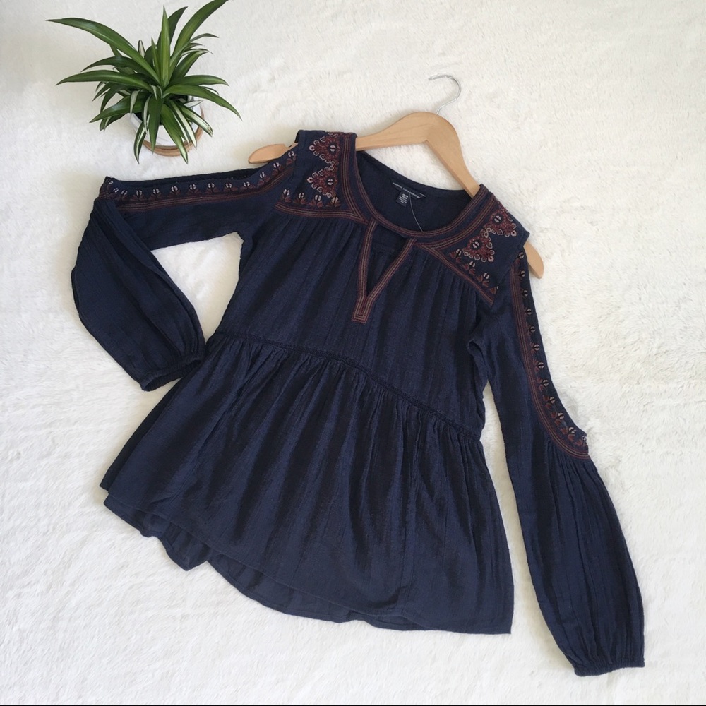 American Eagle Navy Embroidered Cold Shoulder Top